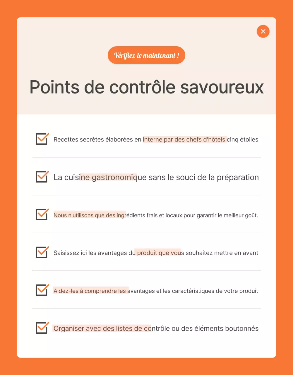 Promouvoir les points de contrôle des kits alimentaires de base de couleur orange et ivoire