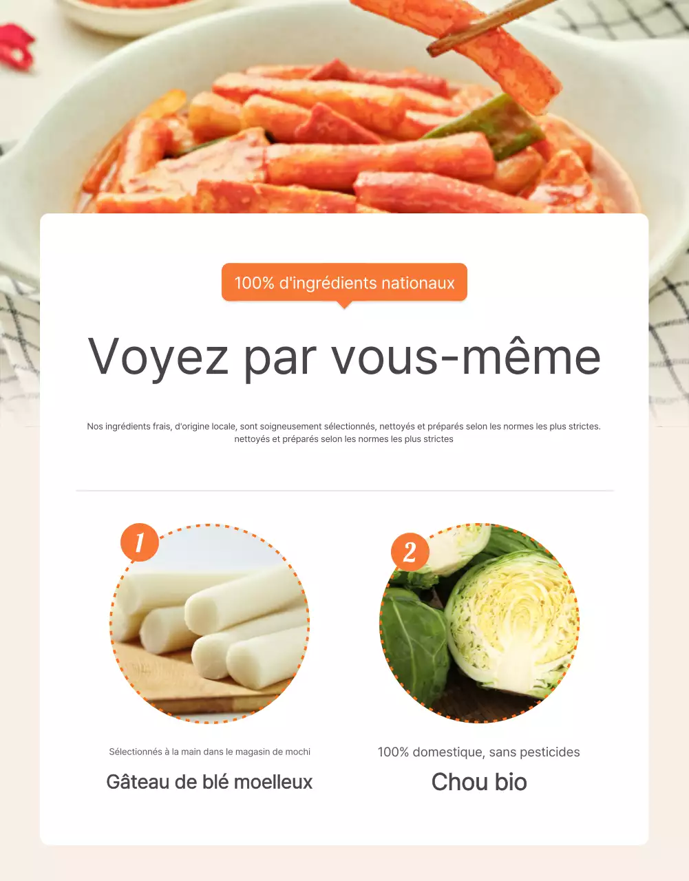 Décrire et promouvoir les aliments de base des kits de repas en orange et en ivoire