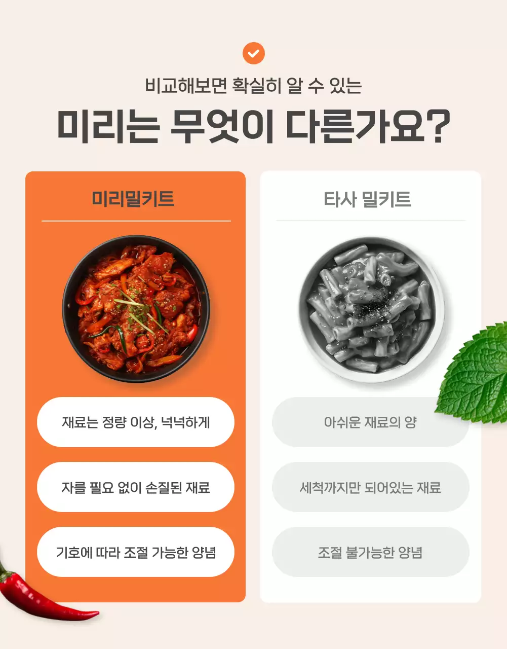 주황과 아이보리의 기본적인 밀키트 식품 체크포인트 홍보