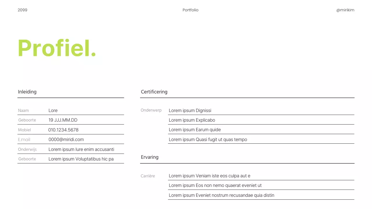 Een eenvoudige carrièregerichte printbare portfolio in limoengroen en zwart