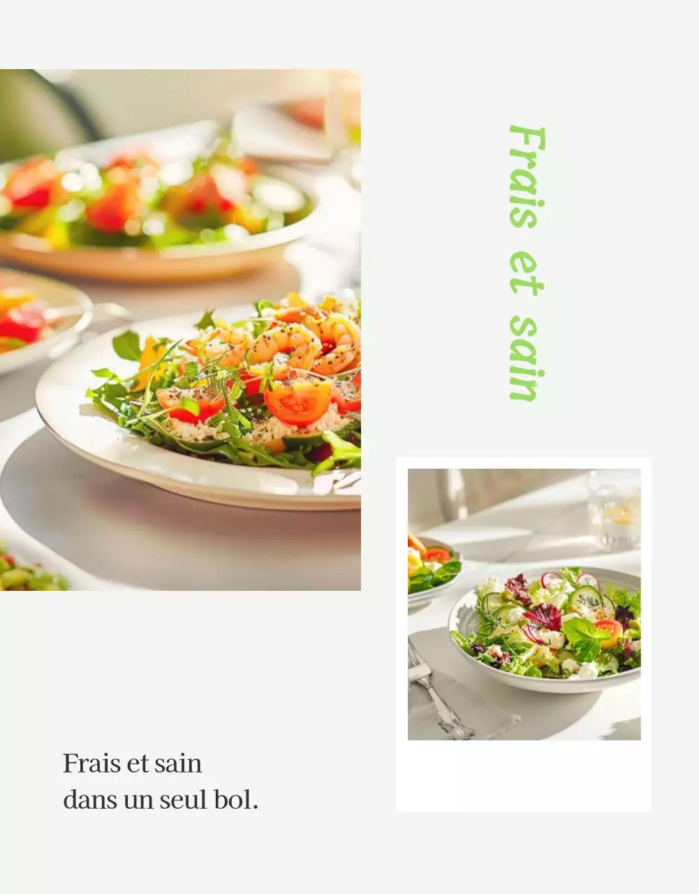 Promouvoir une présentation simple de photos de salades en blanc et chartreuse