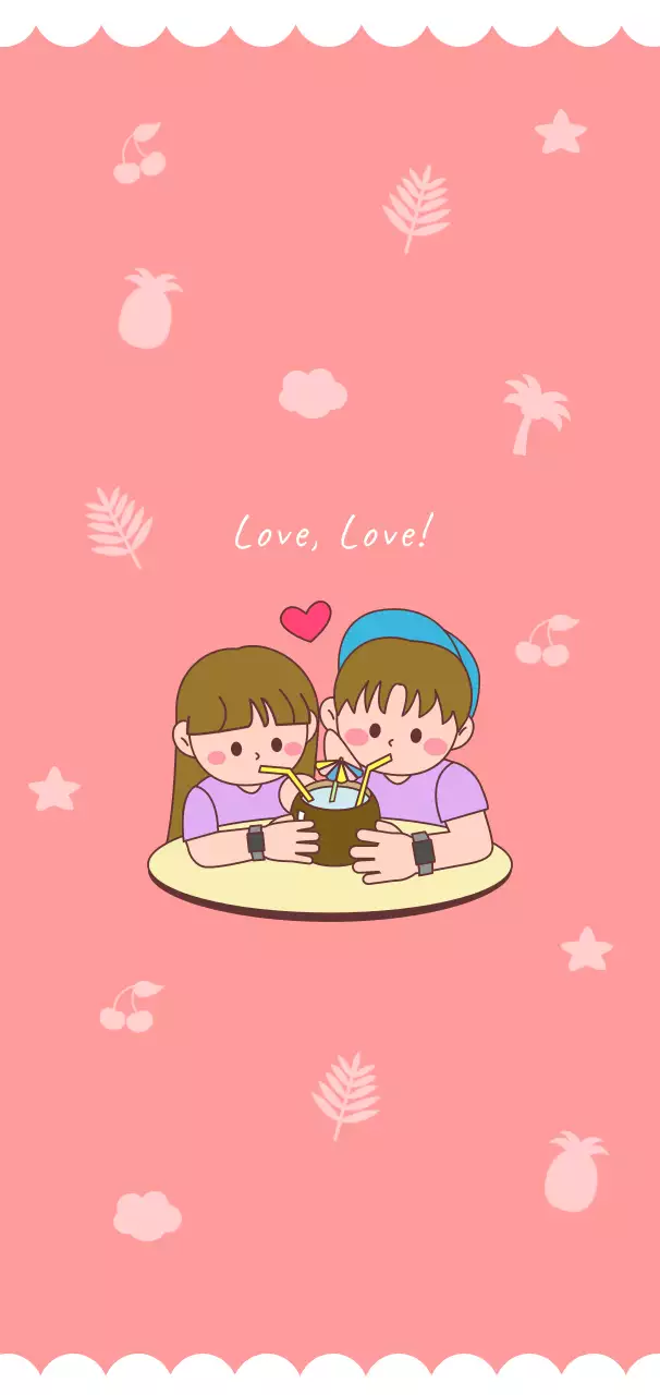 핑크색 바탕의 아기자기한 컨셉의 커플 일러스트