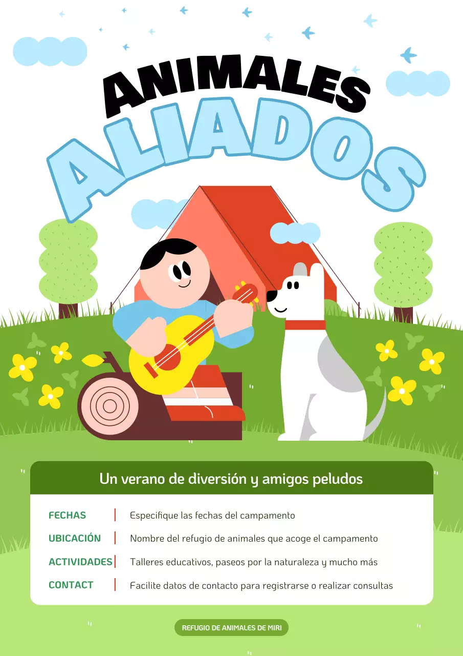Promociona el campamento de verano del Centro de Atención Animal en chartreuse y azul claro.