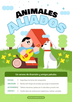 Promociona el campamento de verano del Centro de Atención Animal en chartreuse y azul claro.