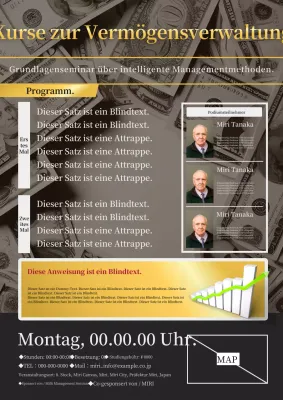 Eine schlichte Anzeige in Gold und Schwarz für einen Kurs in Vermögensverwaltung