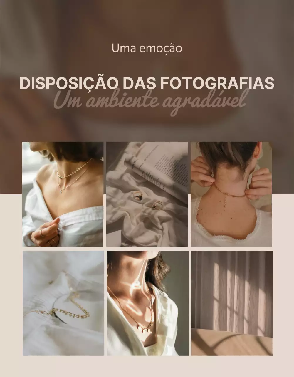 Promova a sua página com uma disposição de fotografias de jóias na moda em castanho e bege