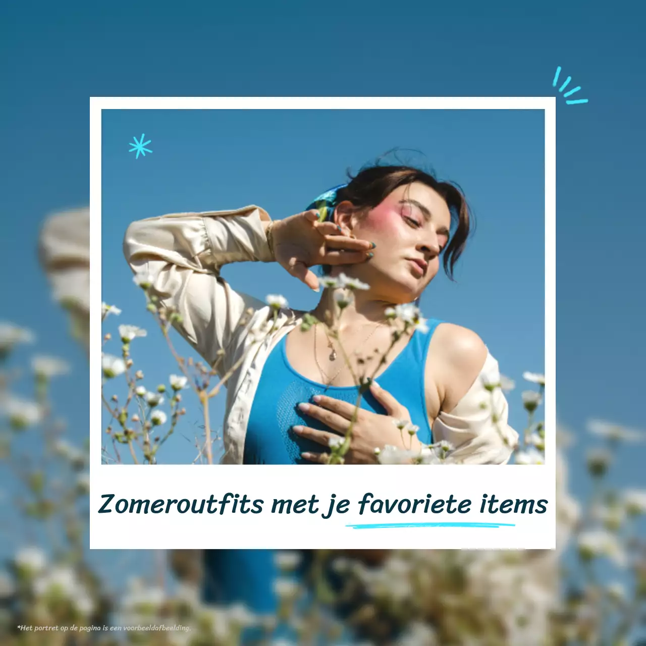 Een bericht ter promotie van eenvoudige zomerkleding in lichtblauw en wit