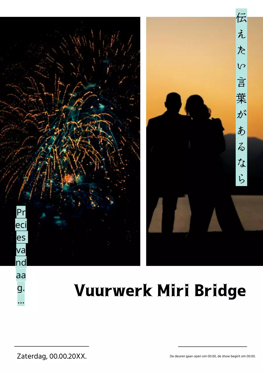 Eenvoudige poster met wit en lichtblauw vuurwerk.