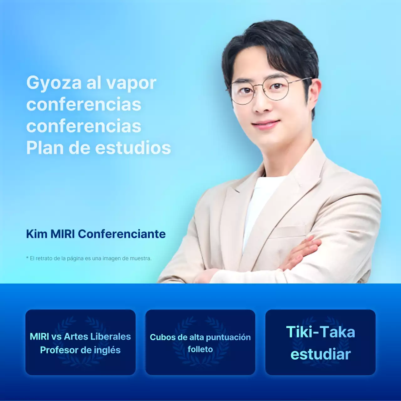 Estilo de acento azul y menta para promocionar las conferencias especiales de verano del TOEIC