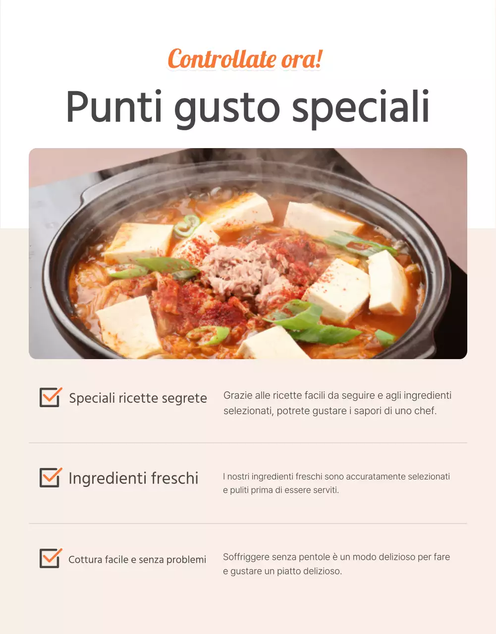 Promuovere i punti di controllo dei pasti di base di colore arancione e avorio.