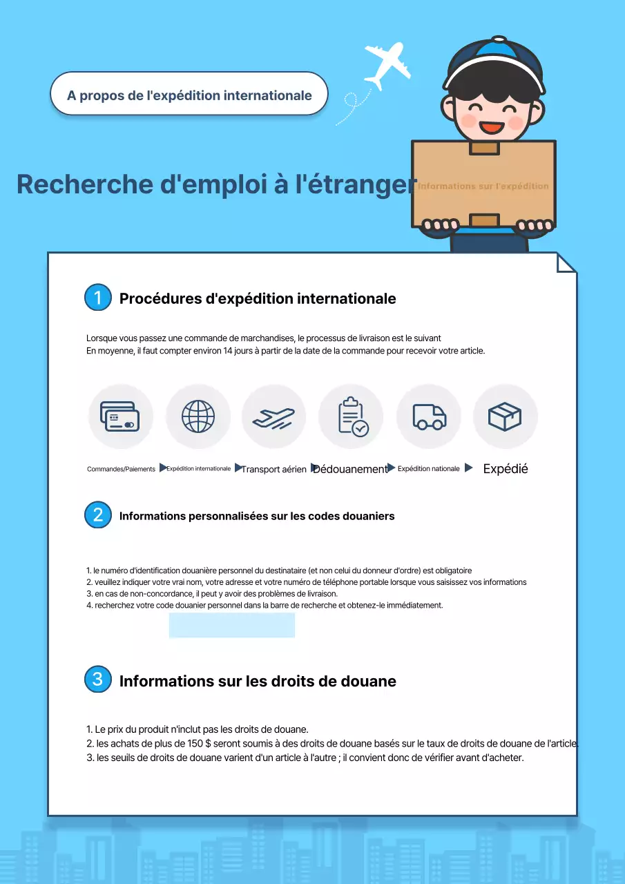 Avis de dédouanement pour les ventes directes à l'étranger de bleu clair et de bleu marine modernes