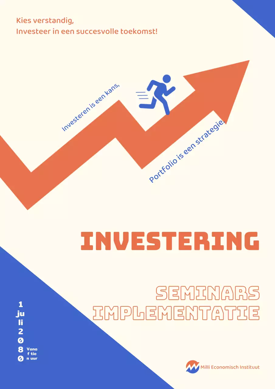 Flyer voor seminar over beleggingsportefeuille met blauwe en oranje accenten