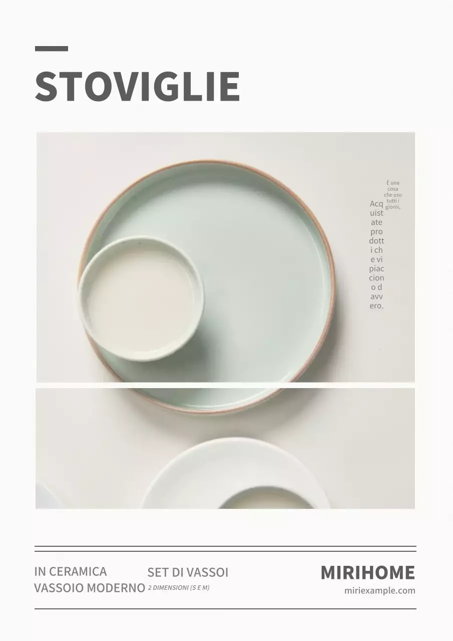 Pubblicità per prodotti da tavola minimalisti bianchi e grigi.