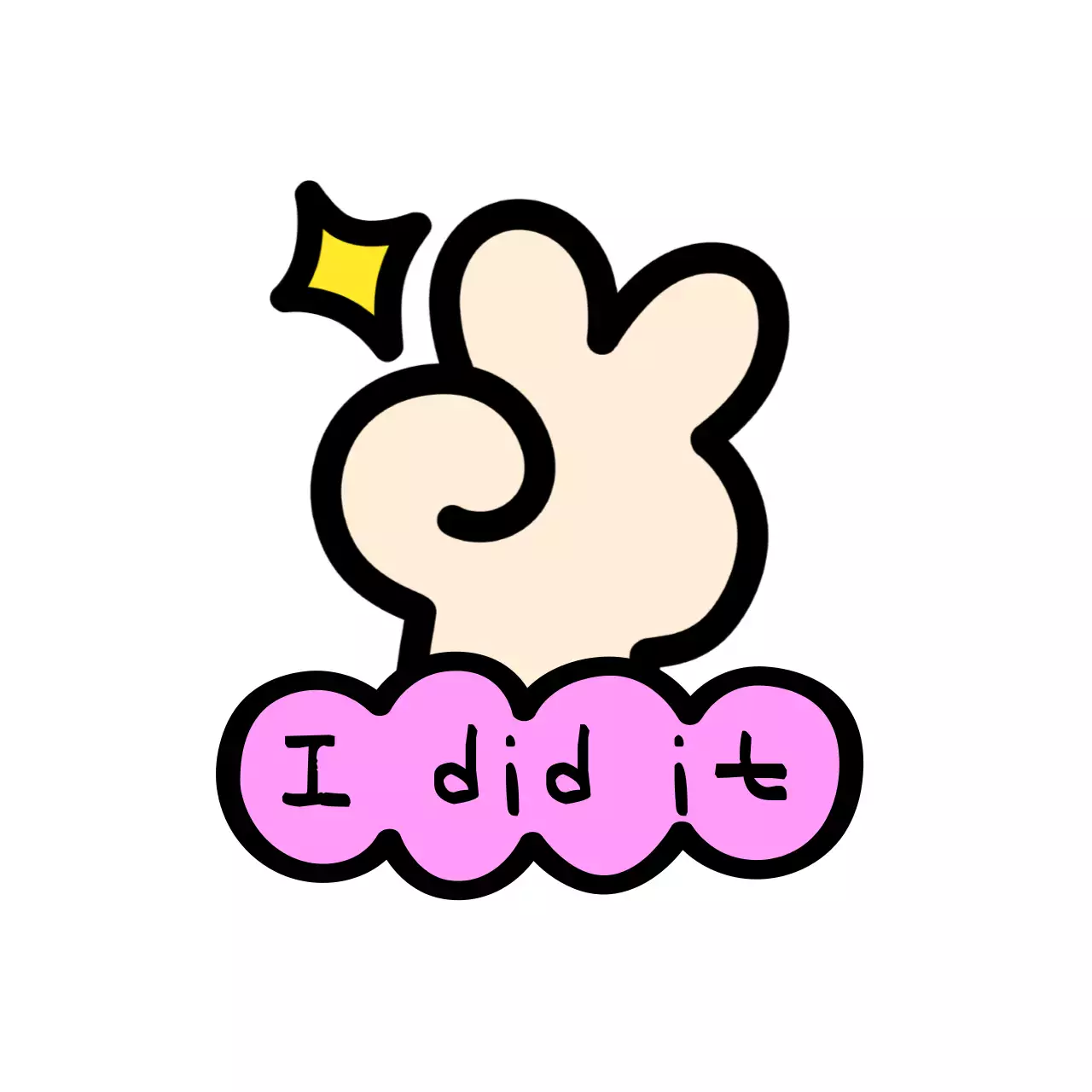 Cute cheer merchandise with a Vinglish hand and glitter and cloud-like shapes.