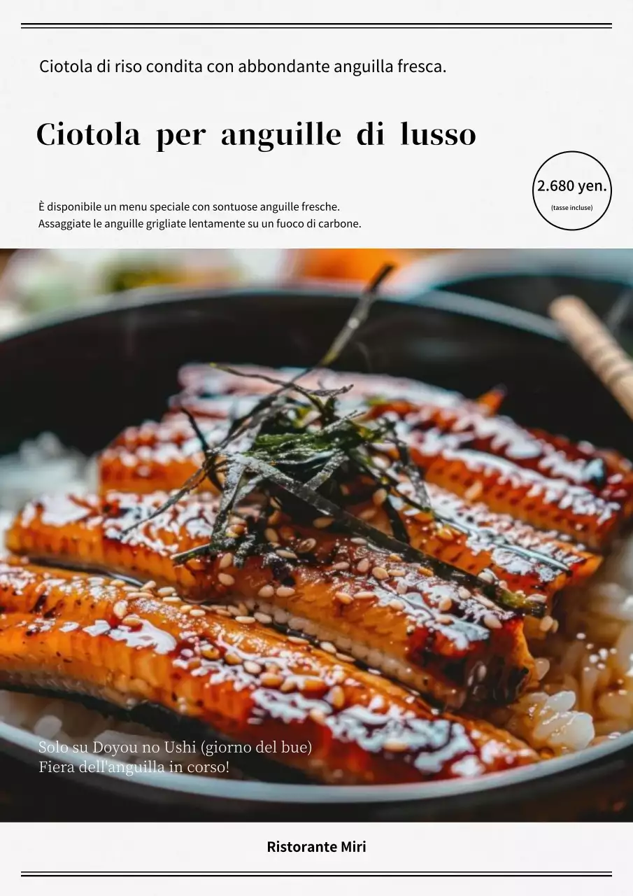 Semplice volantino in bianco e nero che promuove l'anguilla di terra.