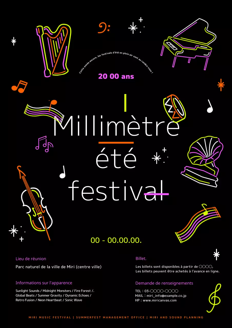 Annonce d'un festival de musique d'été en noir et en néon pop art