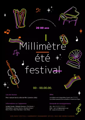 Annonce d'un festival de musique d'été en noir et en néon pop art