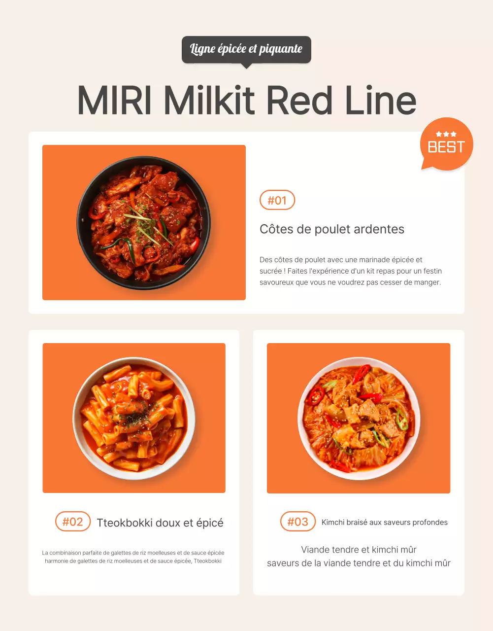 Décrire et promouvoir les aliments de base des kits de repas en orange et en ivoire