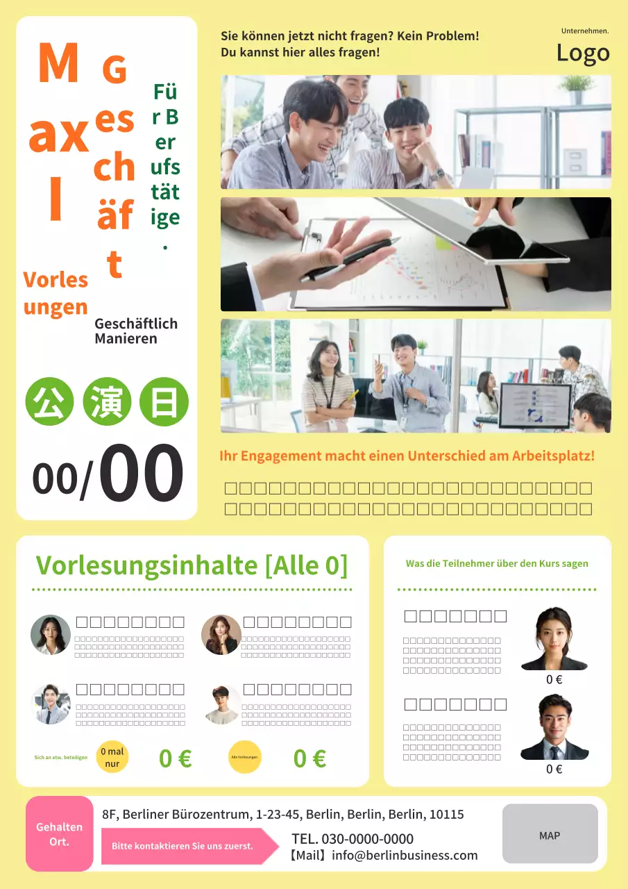 Eine moderne und schlichte gelb-orangefarbene Werbung für einen Kurs in Business-Etikette.