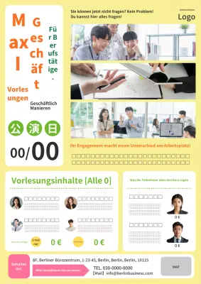 Eine moderne und schlichte gelb-orangefarbene Werbung für einen Kurs in Business-Etikette.