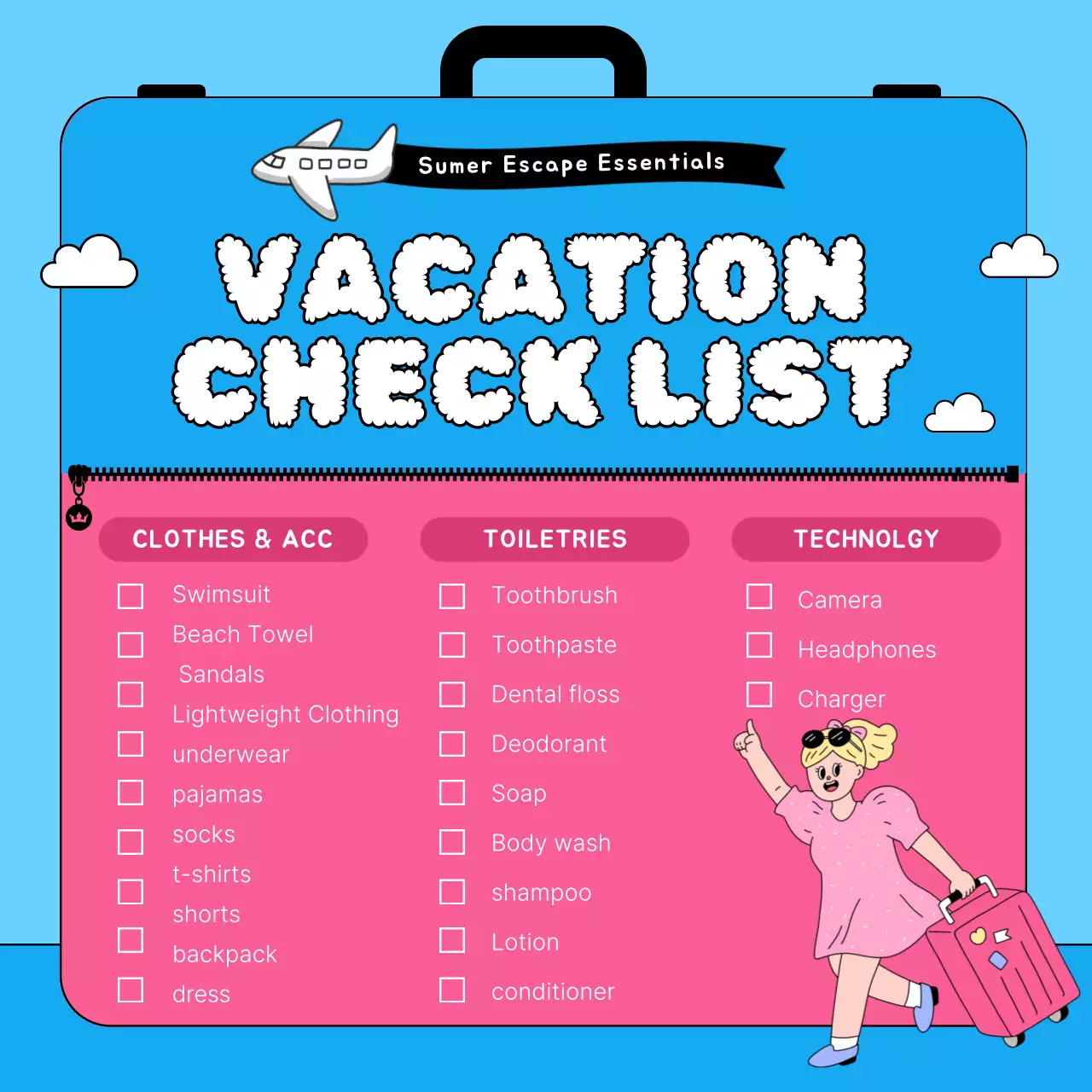 Blue Playful Vacation Checklist Social Media Post