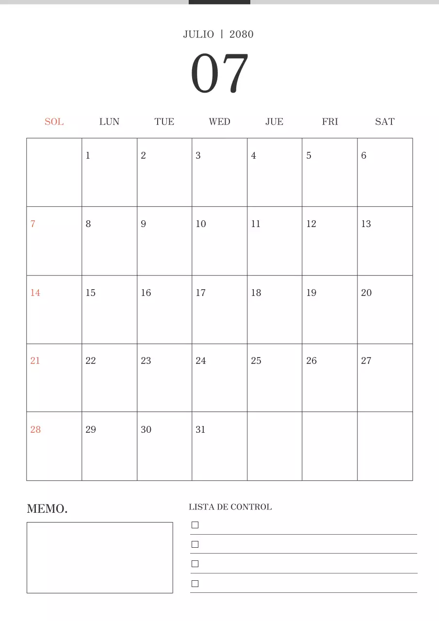 Calendario sencillo en blanco y negro.