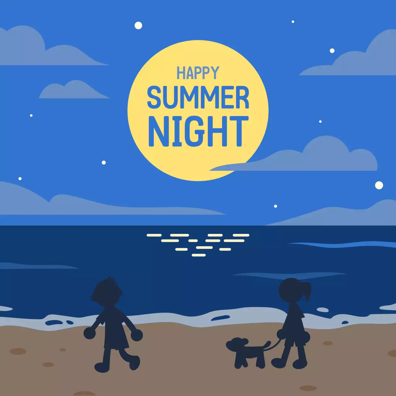 파란색 일러스트 컨셉의 여름바다 정사각 배너