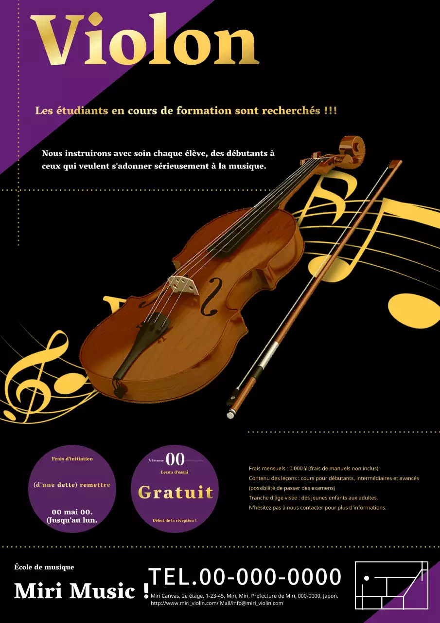 Une publicité simple et classique pour une leçon de violon, en or et en noir.