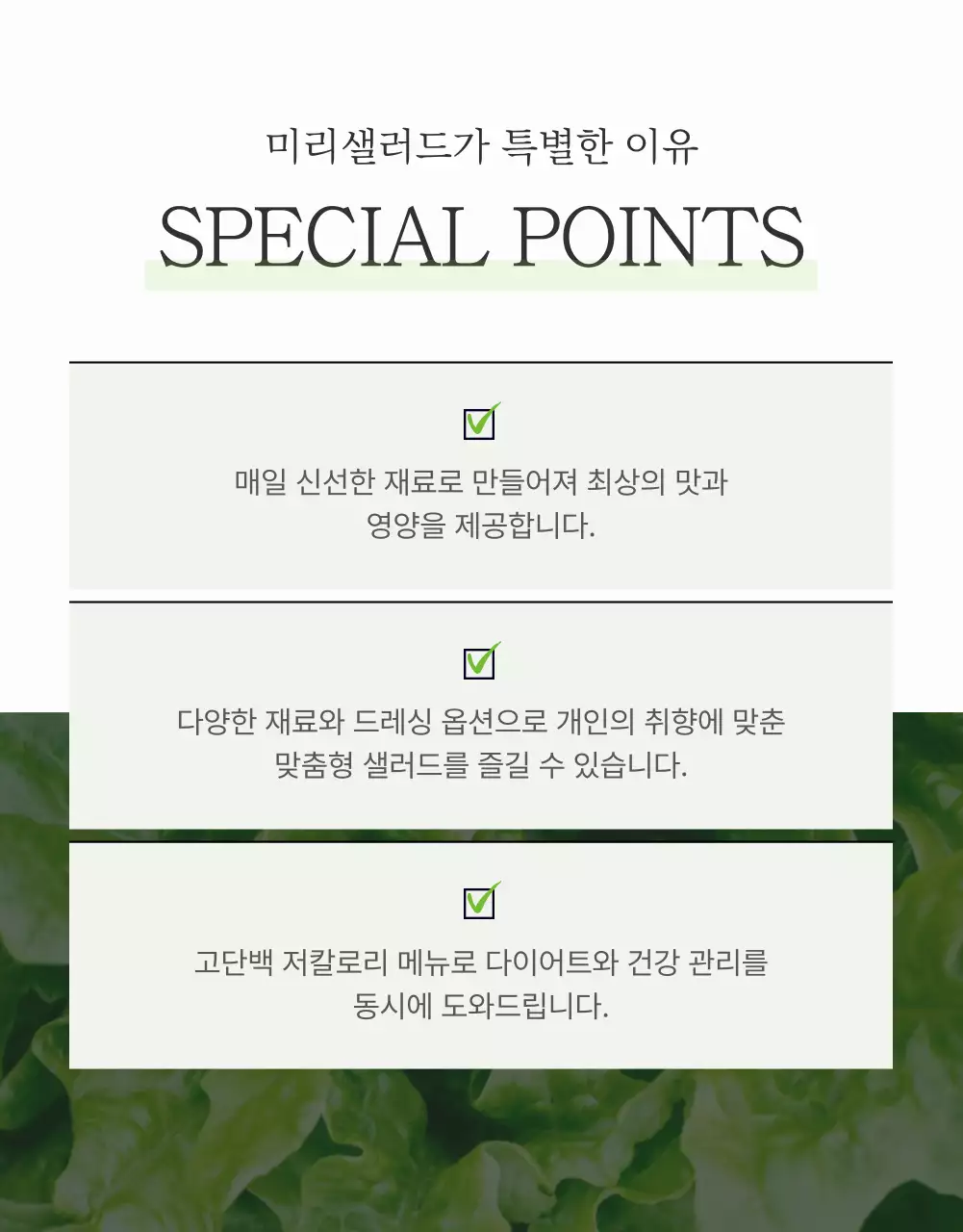 흰색과 연두의 심플한 샐러드 체크포인트 홍보