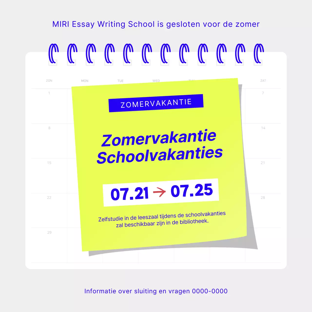 Een eenvoudig schoolvakantiebericht in chartreuse en blauw