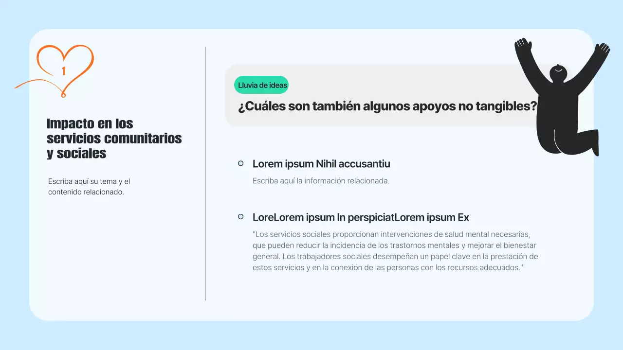 Un moderno folleto de servicios comunitarios en azul claro y naranja