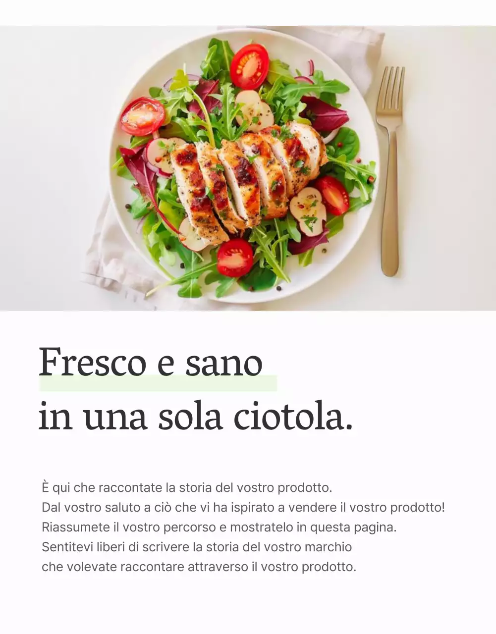 Promuovere un'insalata semplice con descrizione introduttiva bianca e chartreuse