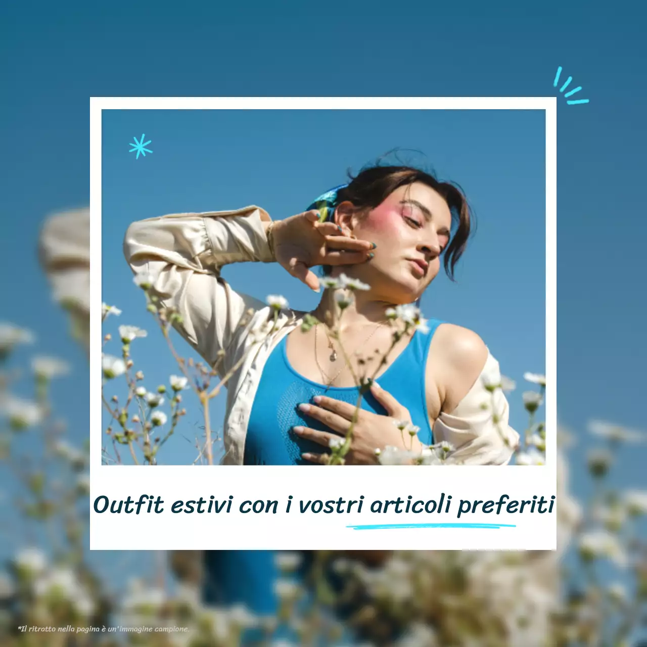 Un post che promuove un abbigliamento estivo semplice, in azzurro e bianco.