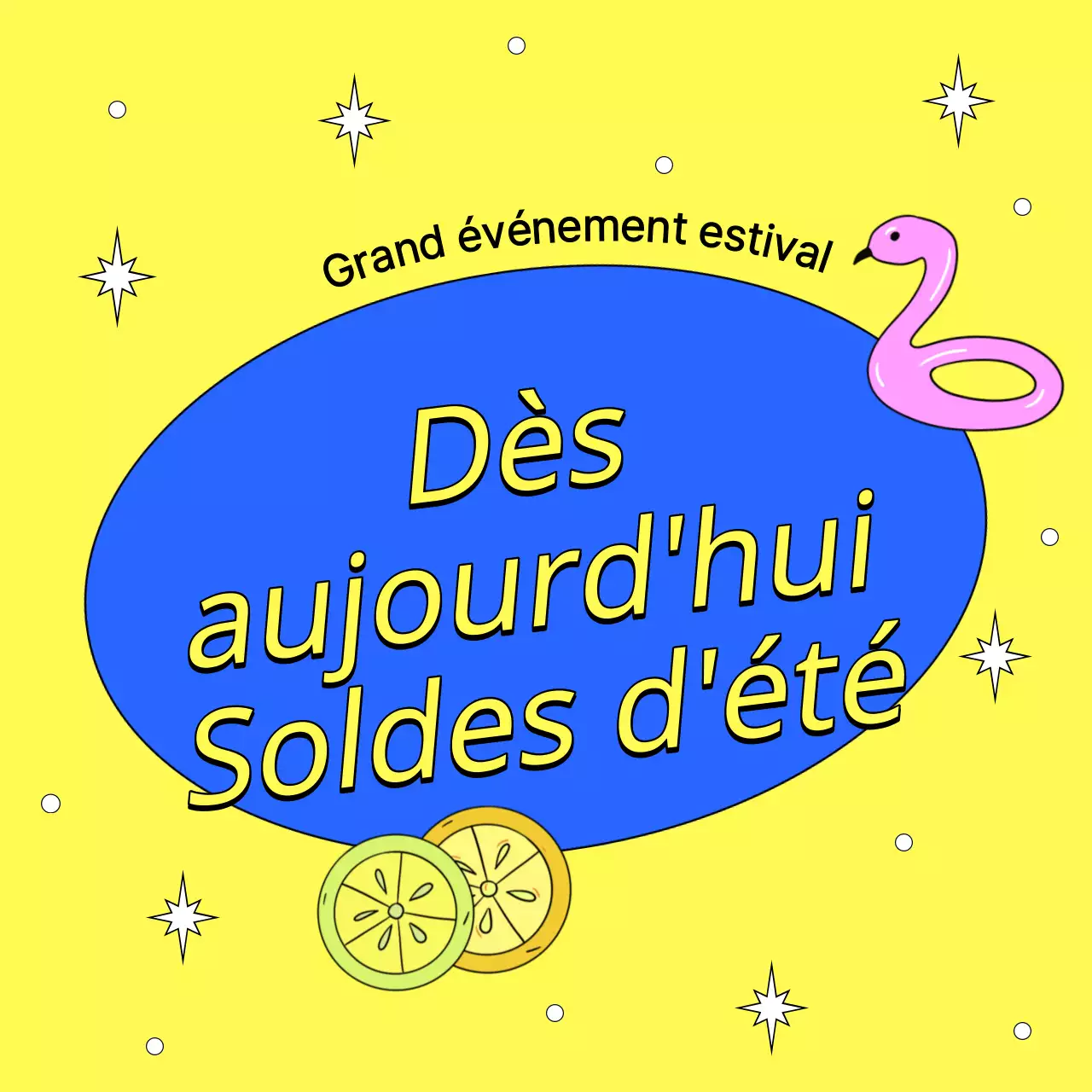 Une collection de vignettes d'événements estivaux avec un accent bleu clair et rose vif.