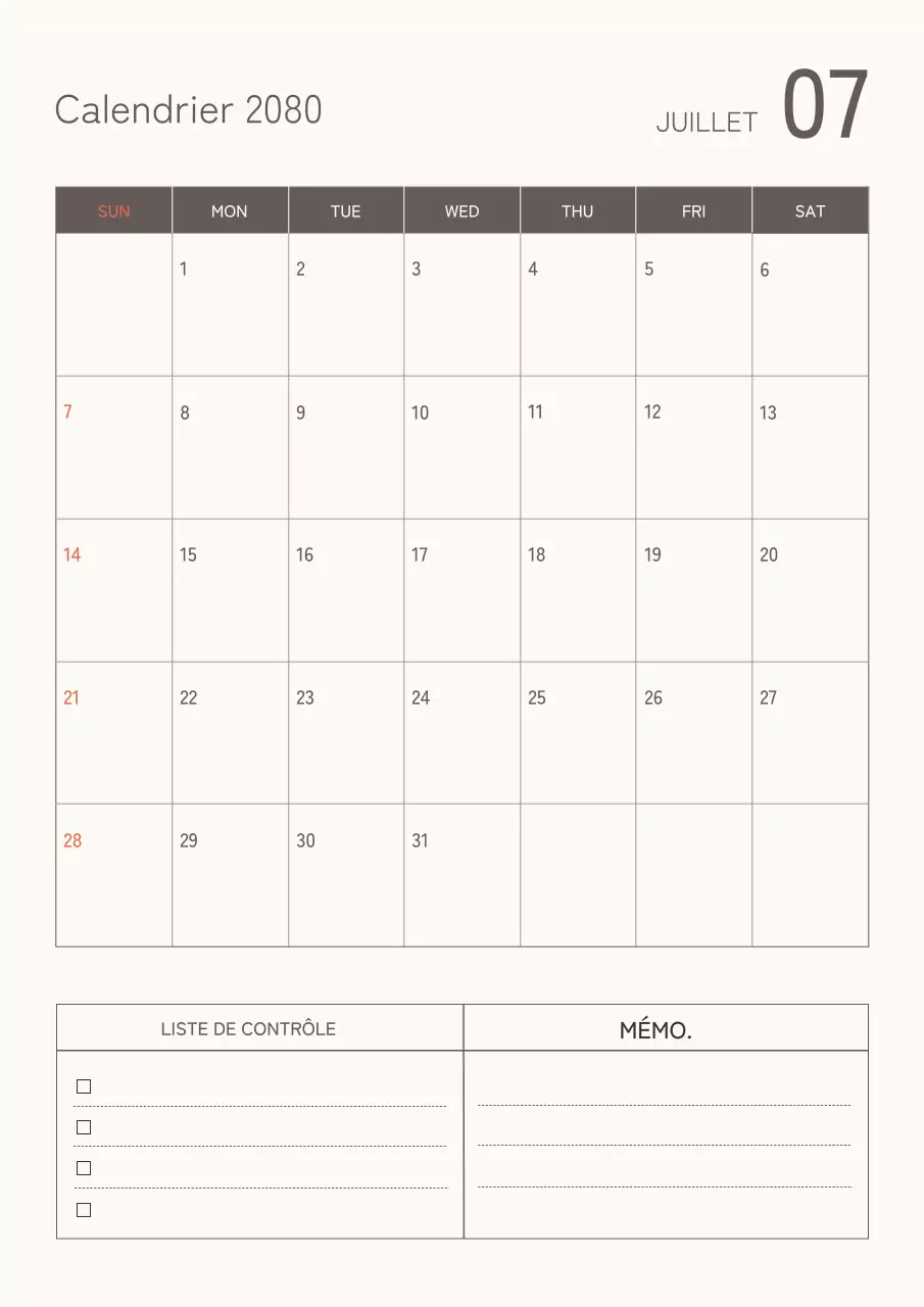 Calendrier simple en marron et beige.