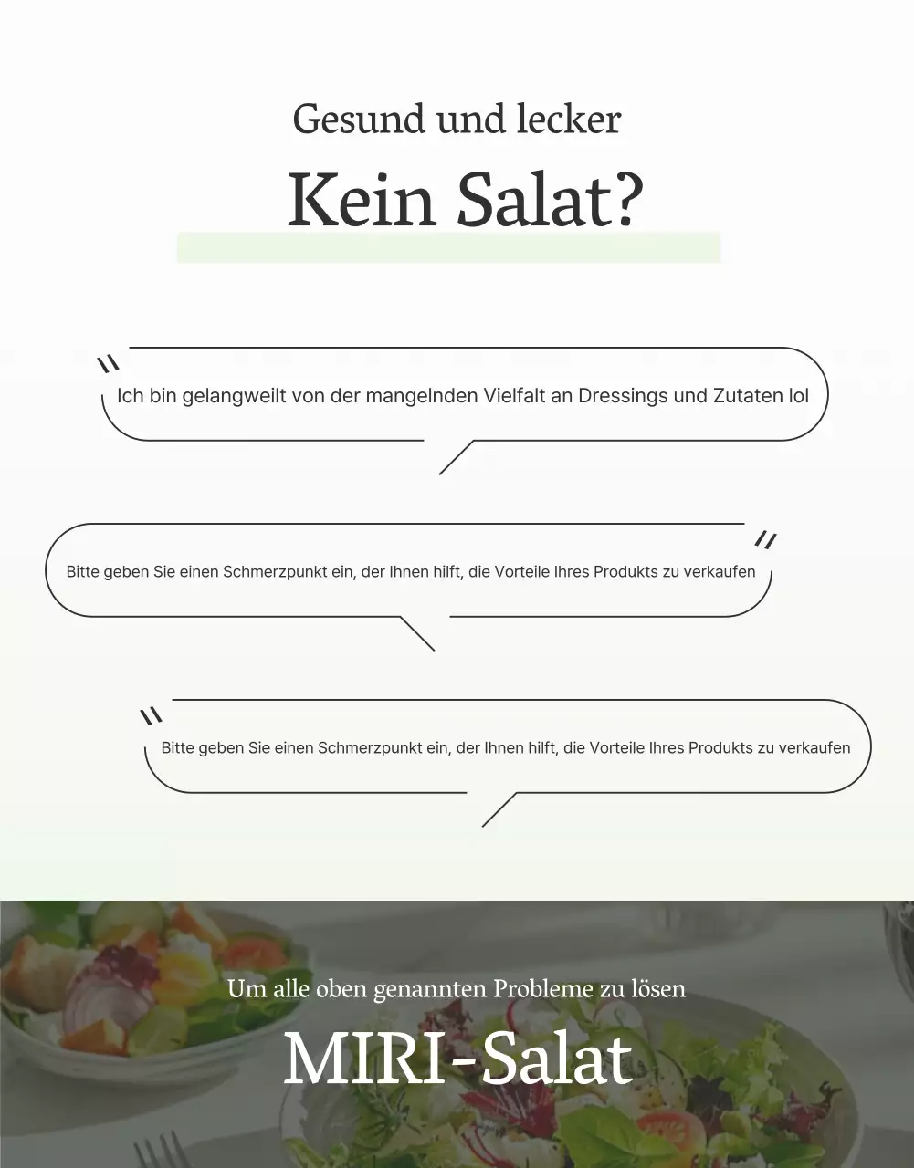 Bewerben Sie einen einfachen Salat mit weißer und chartreuser Intro-Beschreibung