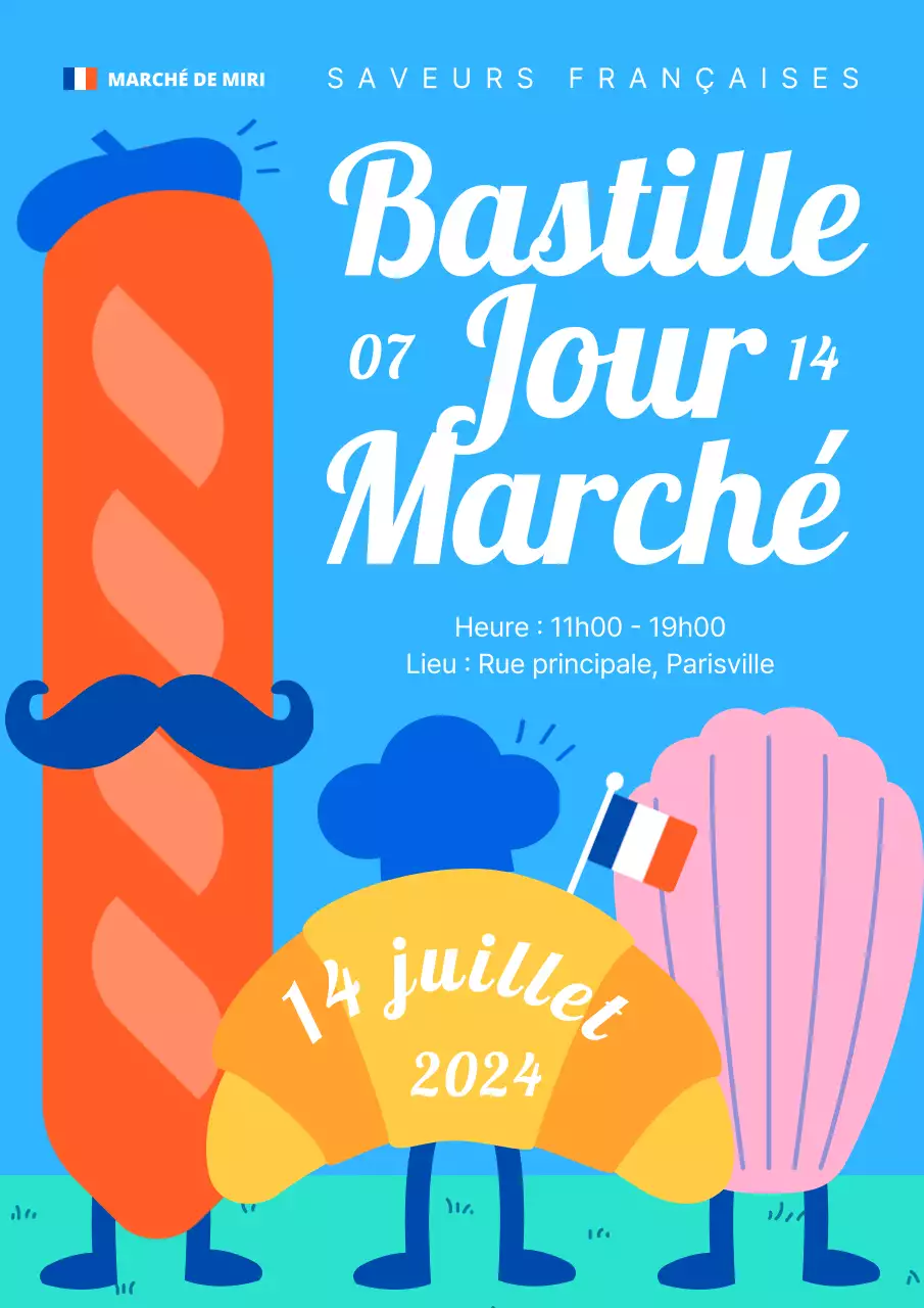 Promouvoir un marché kitsch de la fête de la révolution en bleu et rouge