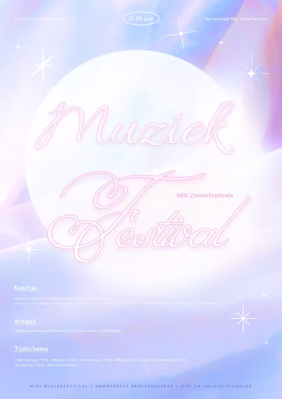 Aankondiging van een dromerig zomers muziekfestival in lichtpaars en roze.