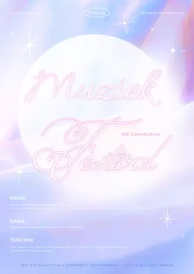 Aankondiging van een dromerig zomers muziekfestival in lichtpaars en roze.