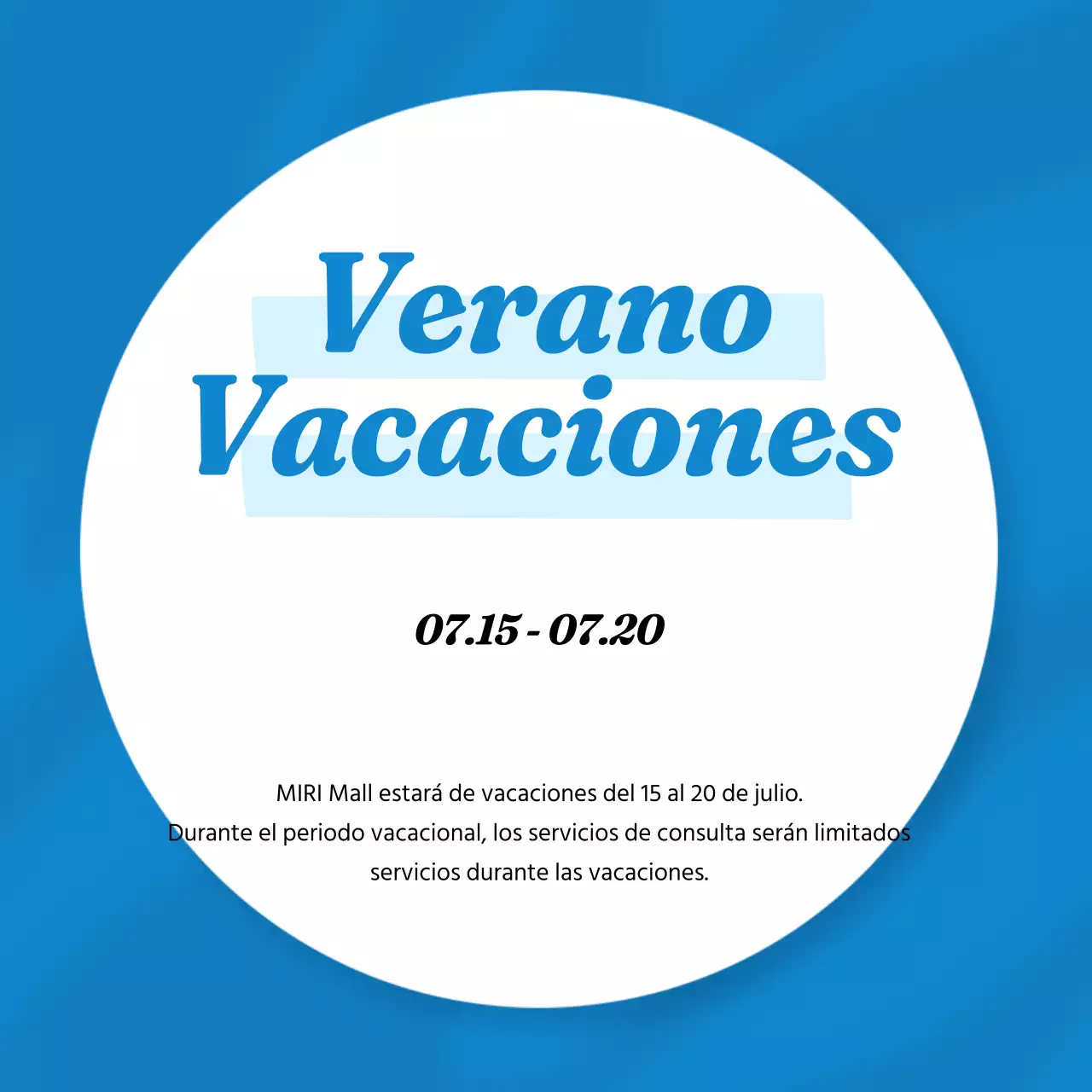 Un sencillo anuncio de vacaciones de verano en azul y blanco