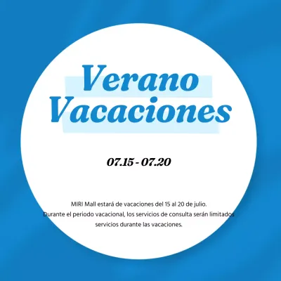 Un sencillo anuncio de vacaciones de verano en azul y blanco