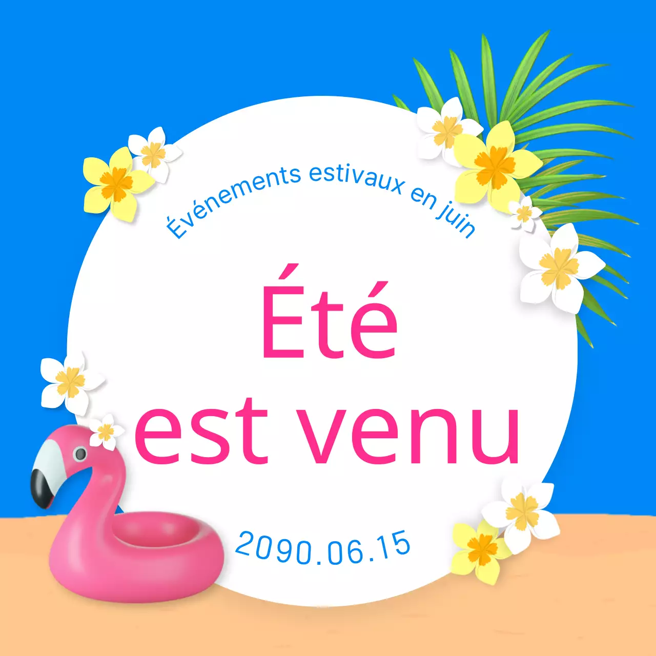 Une collection de vignettes d'événements estivaux aux accents bleus et roses