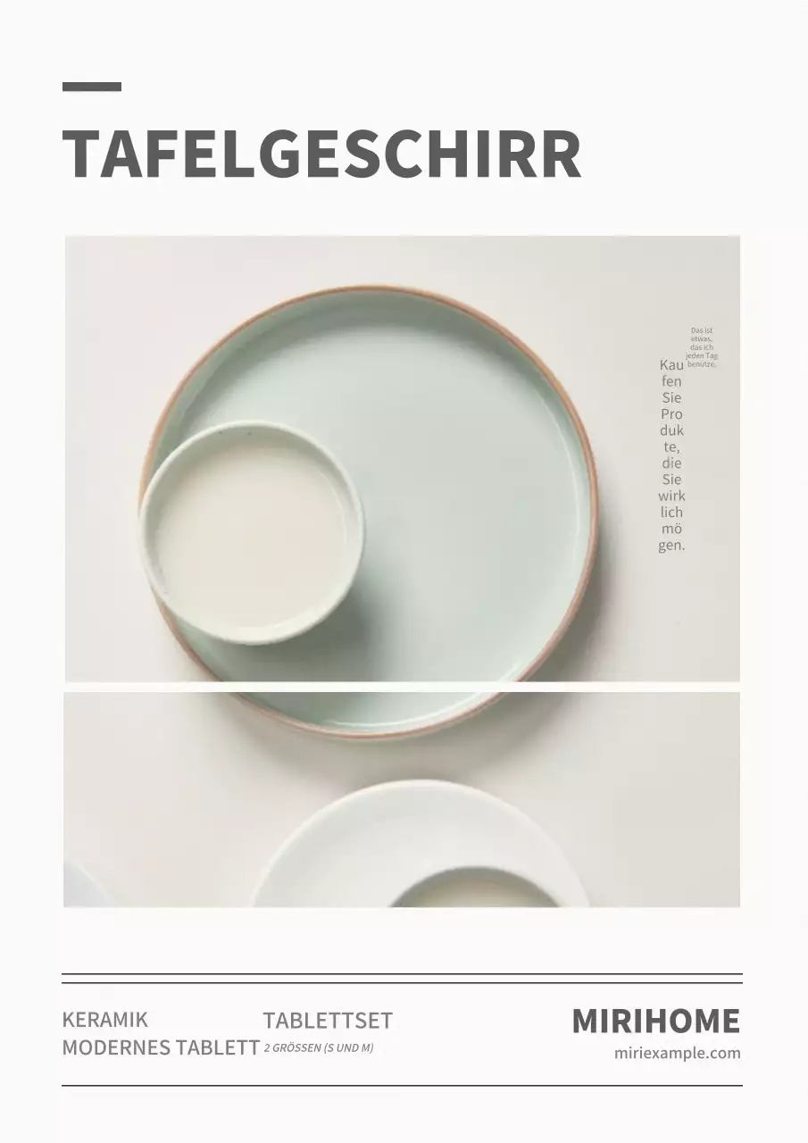 Werbung für weiße und graue minimalistische Geschirrprodukte.
