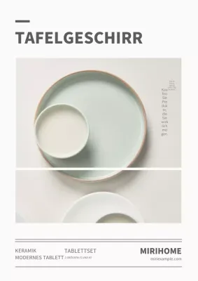 Werbung für weiße und graue minimalistische Geschirrprodukte.