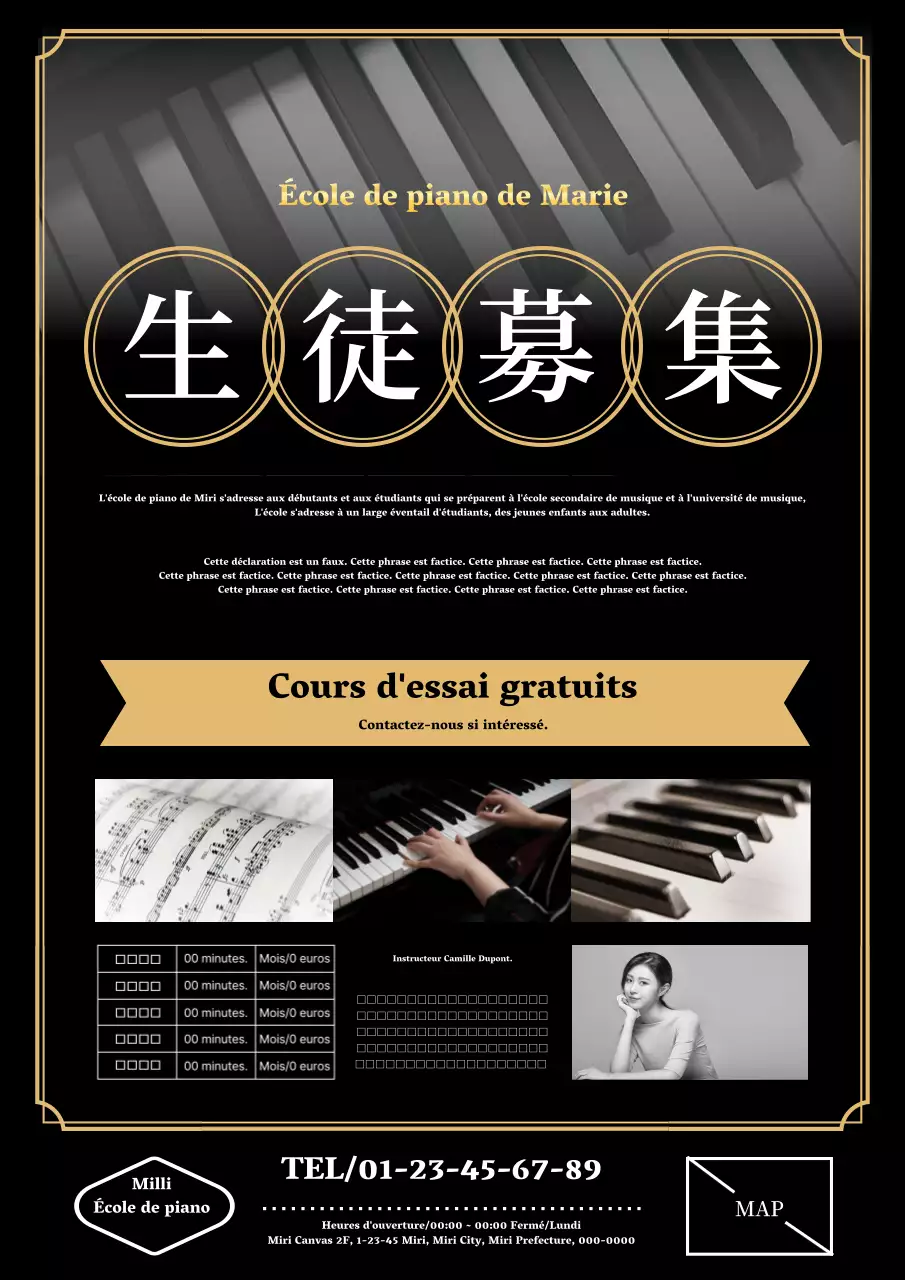 Annonce d'une classe de piano classique élégante en noir
