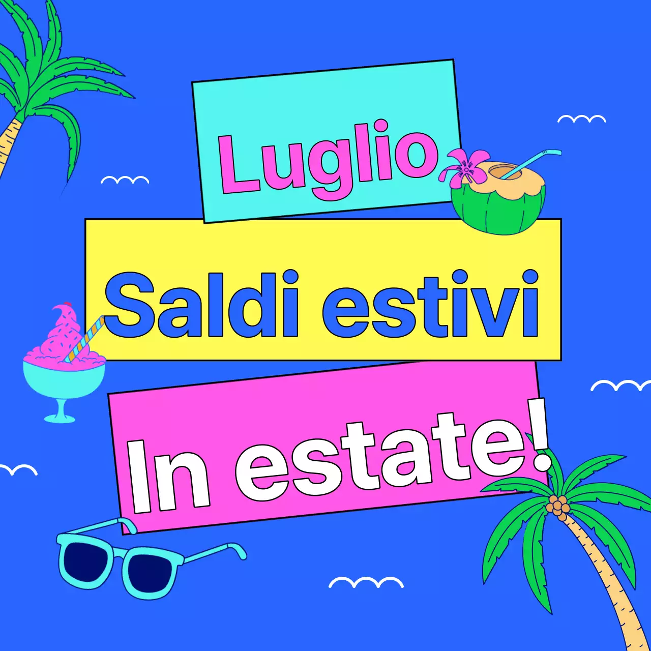 Una raccolta di miniature di eventi estivi con un accento azzurro e rosa caldo.