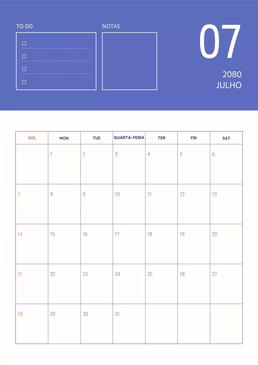 Calendário simples em azul e marfim.