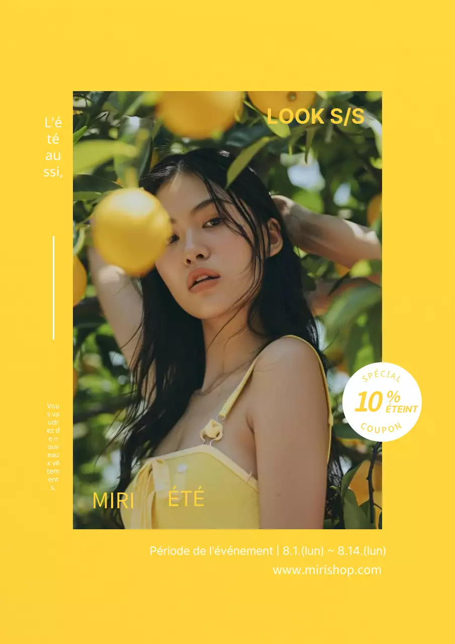 Annonces de coupons de réduction pour les vêtements de la saison estivale, en jaune et blanc.