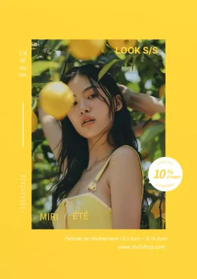 Annonces de coupons de réduction pour les vêtements de la saison estivale, en jaune et blanc.