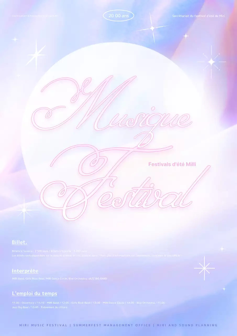 Annonce d'un festival de musique d'été de rêve en violet et rose clairs.